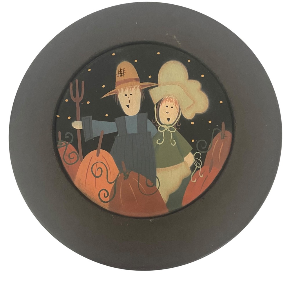Michelle L Kildow Signed Hand Painted Wood Folk Art Plate Scarecrow Pumpkins 10"